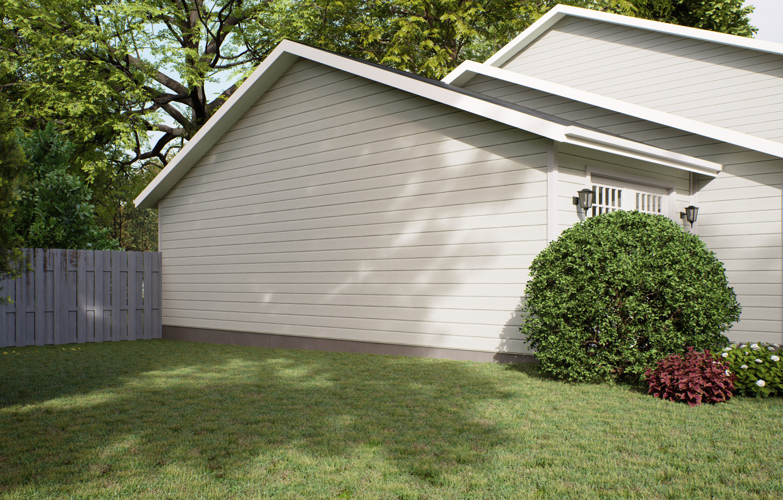 Traditional American home with two garages, a driveway and a large tree. A yard with a lawn for the presentation of garden products.. 3d render